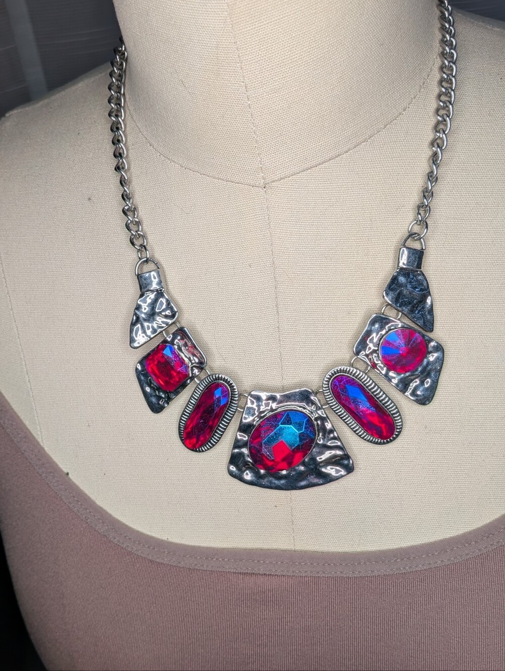 Chunky Silver Iridescent Pink Blue Statement Necklace Hammered Bib Collar